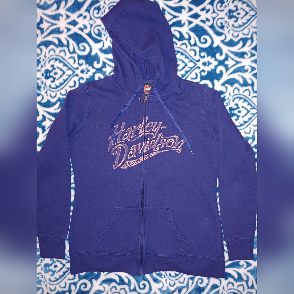 Harley Davidson Zip Up Hoodie. Size Med. Blue and Orange.